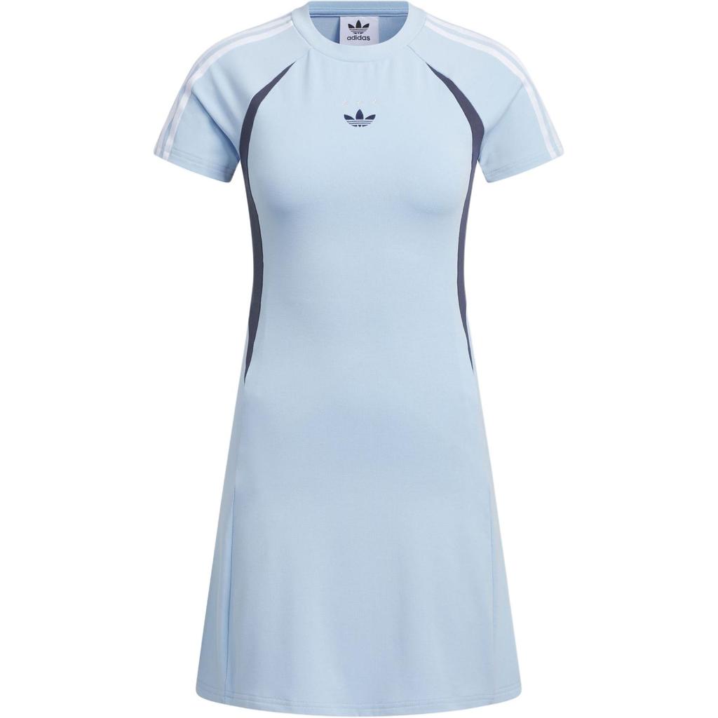 Adidas Originals Jersey Short Sleeve Dress Striped Color Block Athletic Slim Fit Knit Women Dresses Bright-Blue Midnight-Gray JD1136