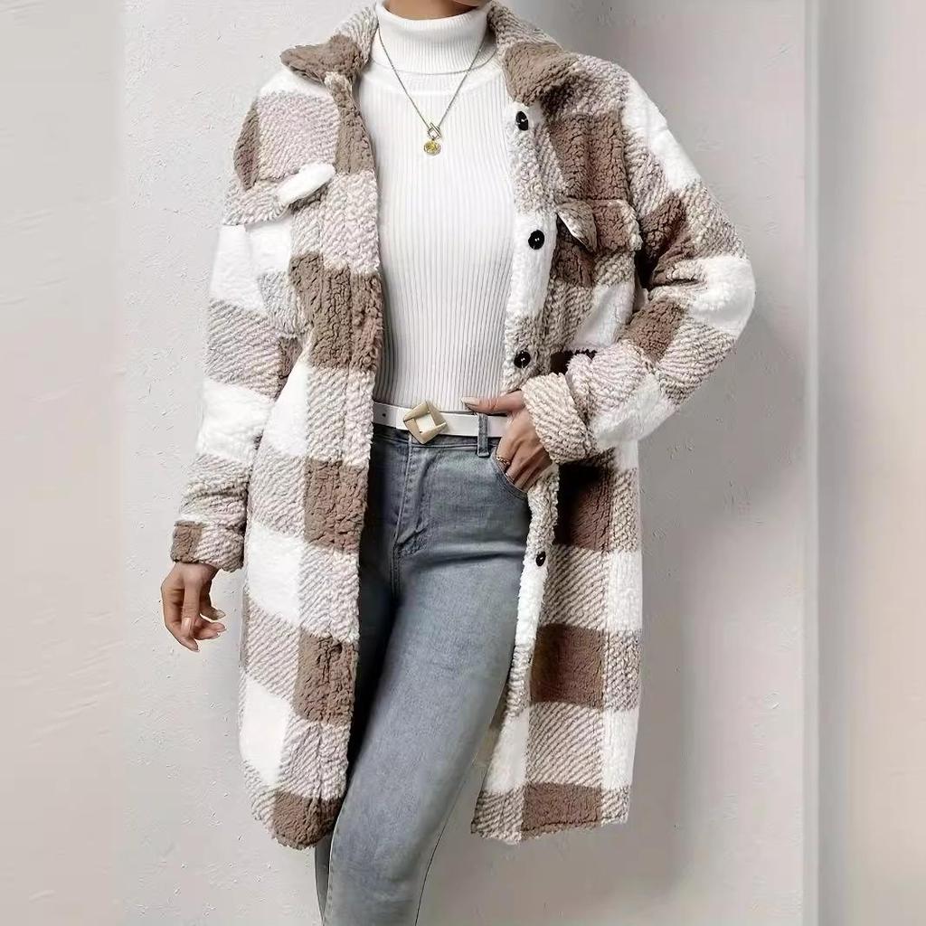 Women's Double-Sided Plush Plaid Lapel Cardigan Coat - Autumn/Winter Collection
