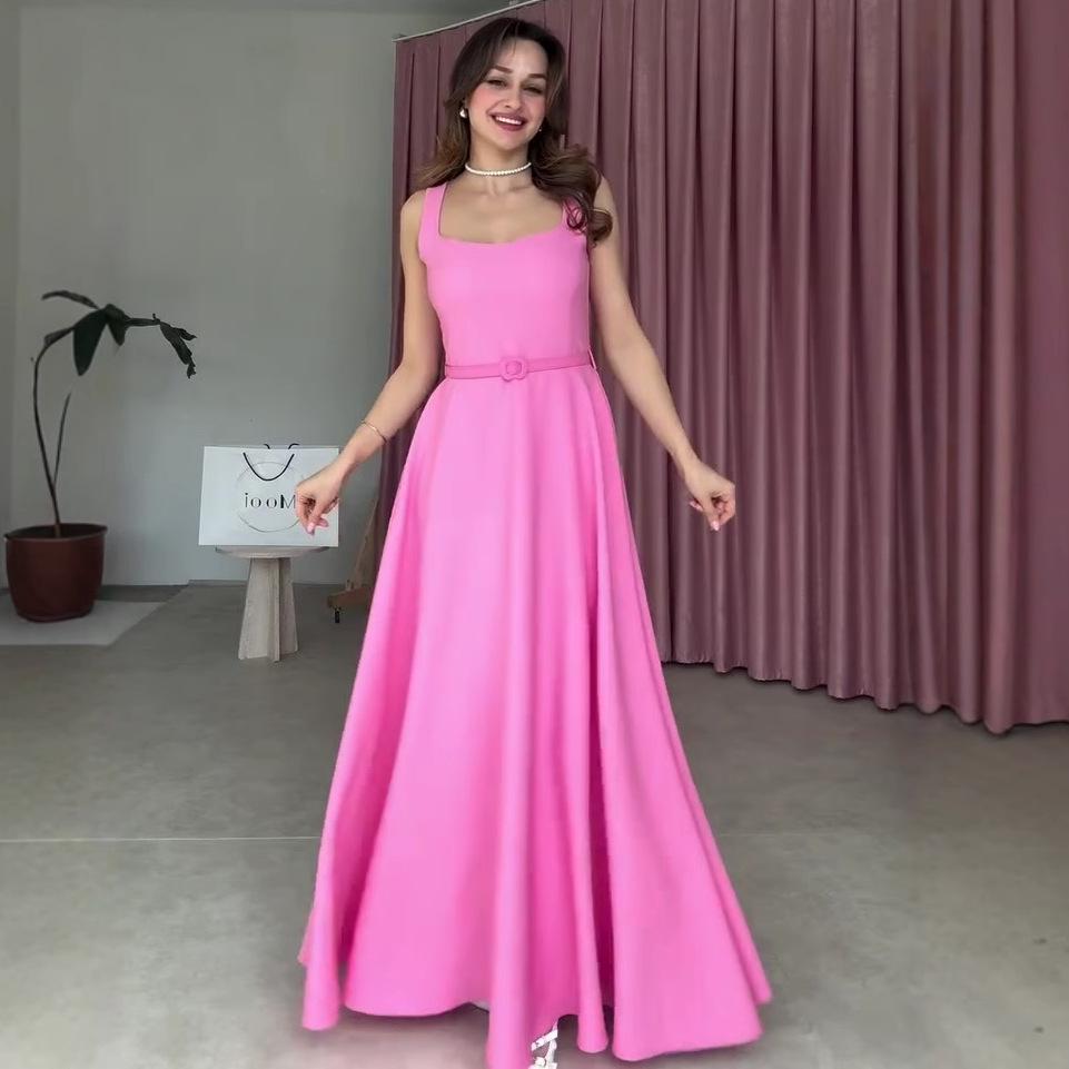 2025 Summer European & American Sleeveless French Low-Cut Belted Long Dress for Women