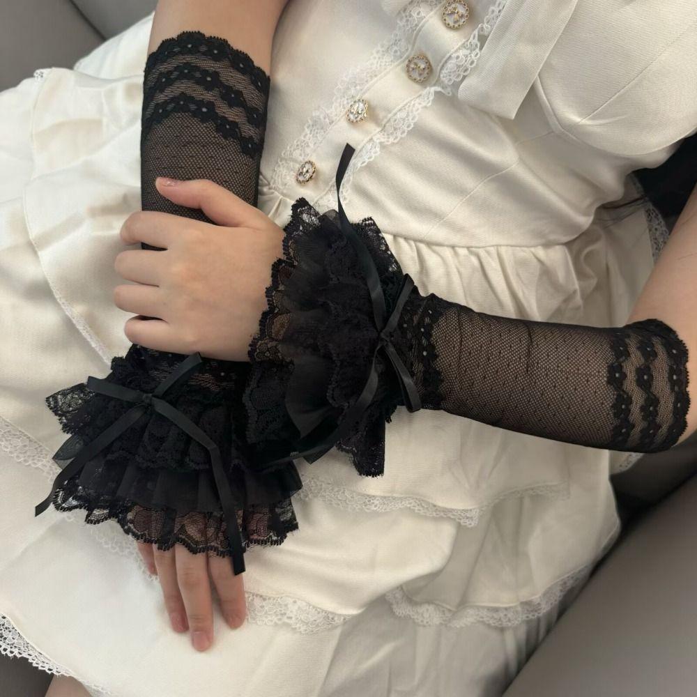 Bowknot Lace Fingerless Gloves Ruffle Trim Long Hand Sleeves Bridal Wrist Gloves Cosplay Event