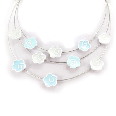 [K0163] - Designer-Halskette „Flora“, weiß und himmelblau