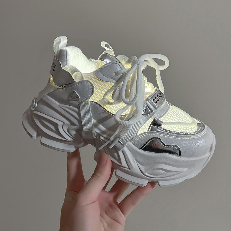 Fashion Summer Shiny Sequins Chunky Platform Sneakers Women Breathable Lace Up Height Increase Shoes Woman Fashion Cute Pink Sneakers