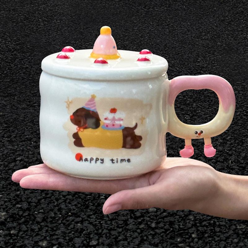 Birthday gift girls creative ceramic mug with lid cute cake student water cup