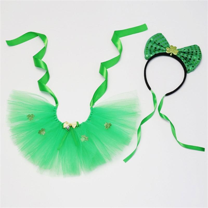 StPatricks Festival Cat Costume Dog Tulle Skirt Sequins Bowknot Headband Pet Irish Theme Dress Up Clothing Photo Outfit