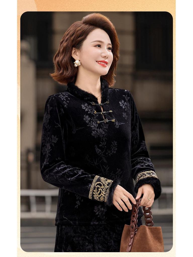 Women's Embroidered Jacquard T-shirt with Frog Button, Plus Velvet, Long Sleeve - New Chinese Style, Autumn/Winter.