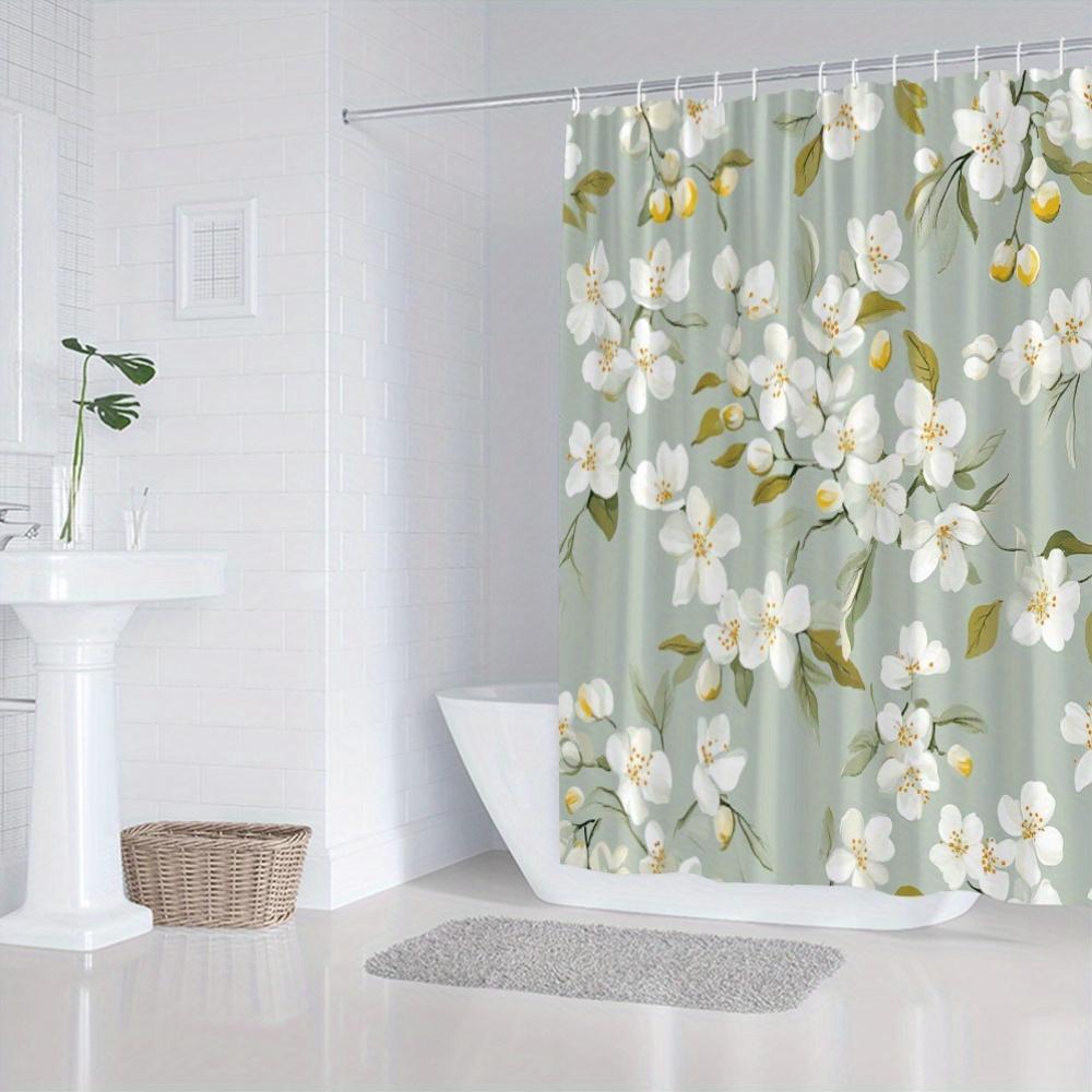 1pc Sage Green Floral Patterned Shower Curtain, Polyester Fabric, Machine Washable, with Hooks, Suitable for Bathroom Décor.