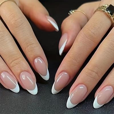 24pcs Medium Almond Press On Nails, French Tip Fake Nails,Full Cover False Nails For Women And Girls Including Nail File And Jelly Glue