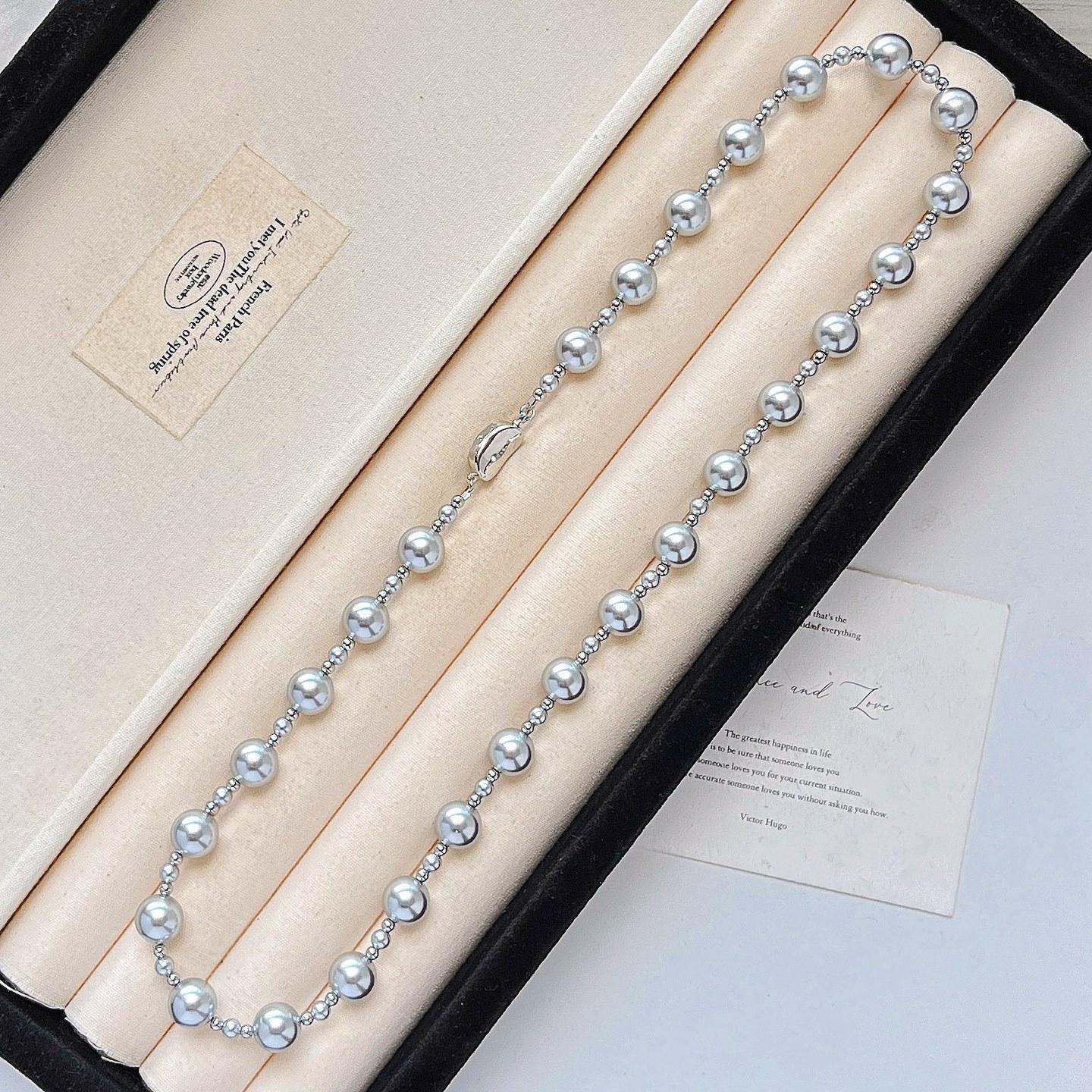 High Quality Cold Platinum Gray Shijia Pearl Sweater Chain Necklace Women