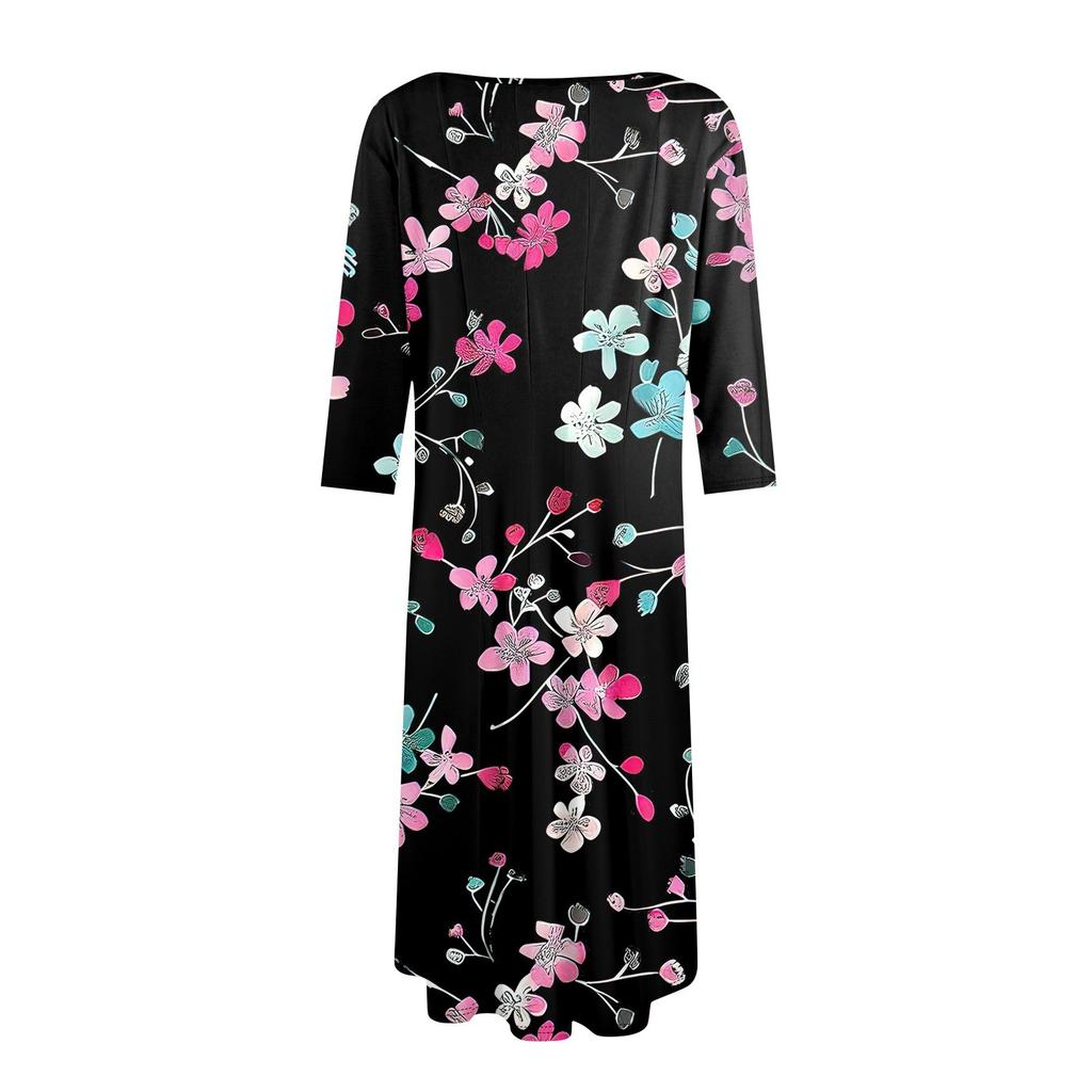 Women's Casual Fashion Round Neck Three Quarter Sleeve Print Midi Dress