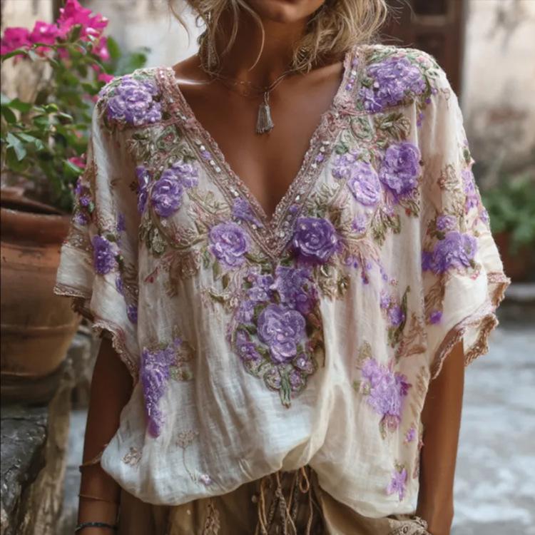 3D Printed Autumn Elegant Jacquard Drop Shoulder Short-Sleeve Women's Top