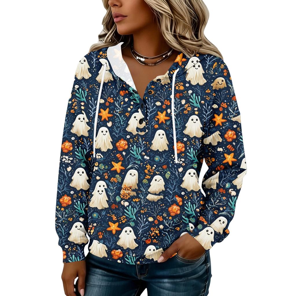 Women's Fashion Hooded Button Front Halloween Print Sweatshirt