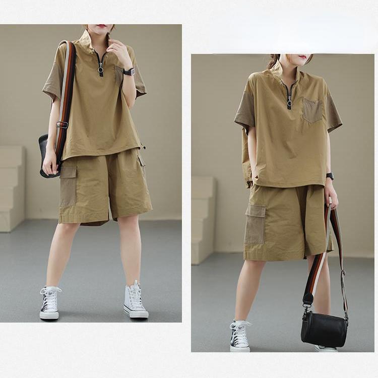 Pohodlný 2dílný set s jednobarevnými volnými šortkami a topem na zip