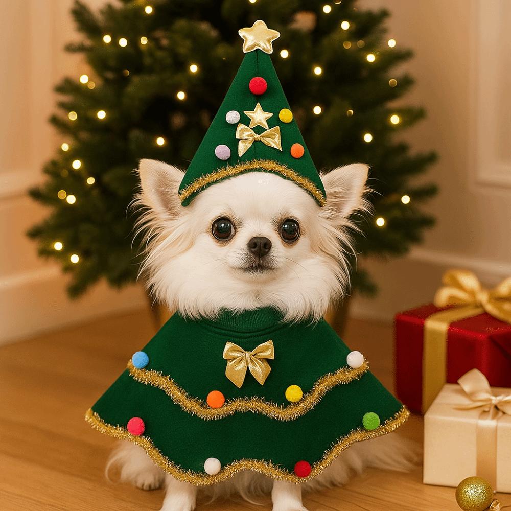 Cartoon Christmas Dog Cape Christmas Tree Design Polyester Pet Cloak Unique Adjustable Pet Christmas Clothing Festive Style