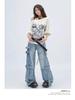 Damen Deconstructed Cargo-Jeans mit mehreren Taschen und Rissen - Gewaschen, Lockerer Gerader Weiter Bein