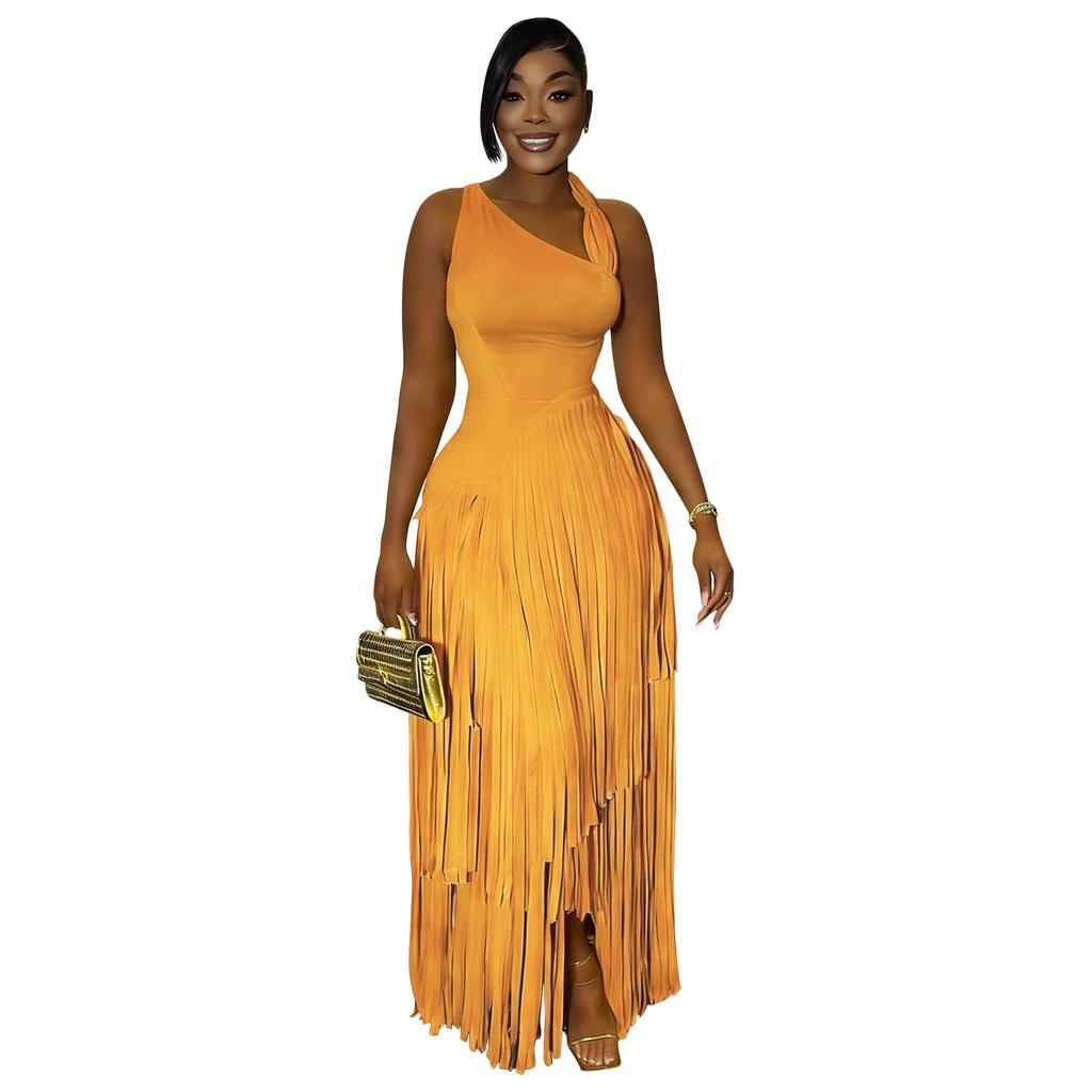 Women's Elegant Tassel Party Dress Solid Color Bodycon Midi Dress Fringe Cocktail Evening Gown