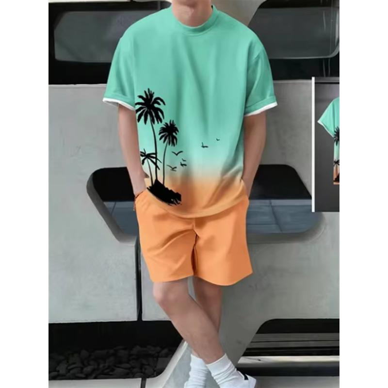 

Летний комплект с шортами и коротким рукавом для пляжного отдыха, повседневный, с 3D-принтом кокосовой пальмы, мужская спортивная одежда 6XL