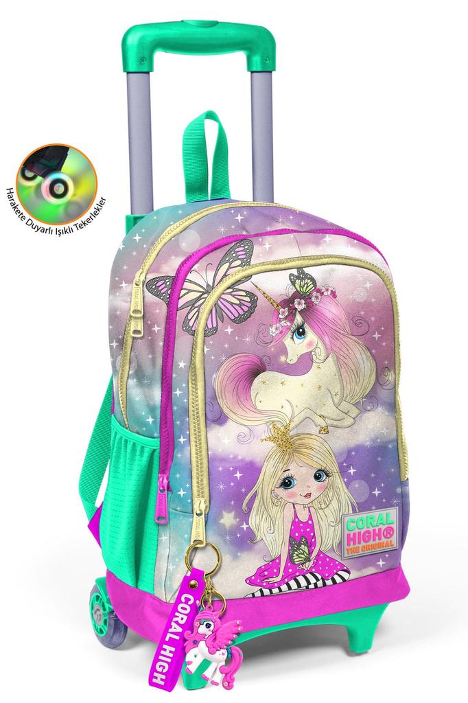 Coral High Kids Pink Aqua Zelená Jednorožec Dívčí vzorovaný tříkomorový školní batoh na vozík 23933