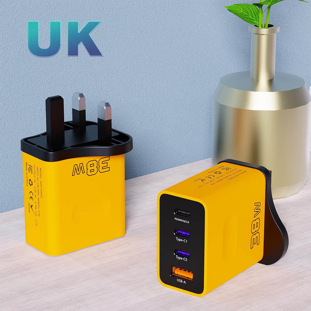 38W Multi-Port Travel Charger with 3 Type-C & 1 USB, EU/UK Plug, 3PD Fast Charging