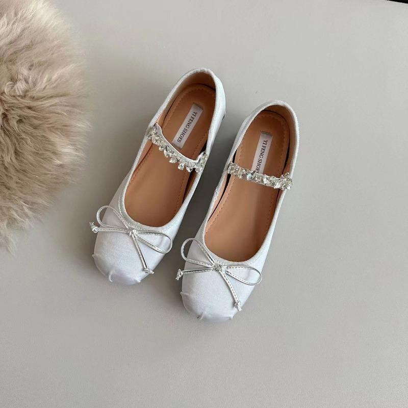 Sheepskin version~ Small inner height increase rhinestone ballet shoes women's shallow mouth single shoes bow Mary Jane shoes