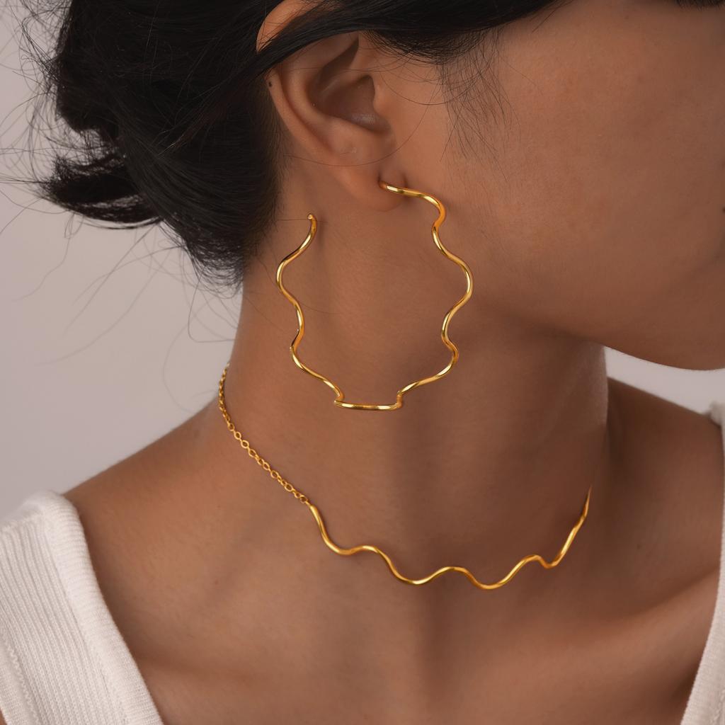 Jewelry Fashion Collar Exaggerated Earrings Stainless Steel Line Wave Necklace 18K Gold Ladies 1809