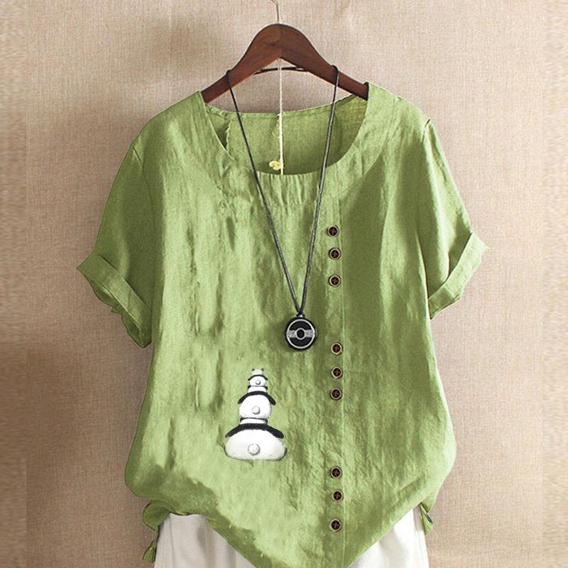 

Женская модная футболка с круглым вырезом и коротким рукавом с принтом панды, повседневная рубашка из хлопка и льна с рисунком, свободная летняя блузка для отдыха, топы 5XL зелёный