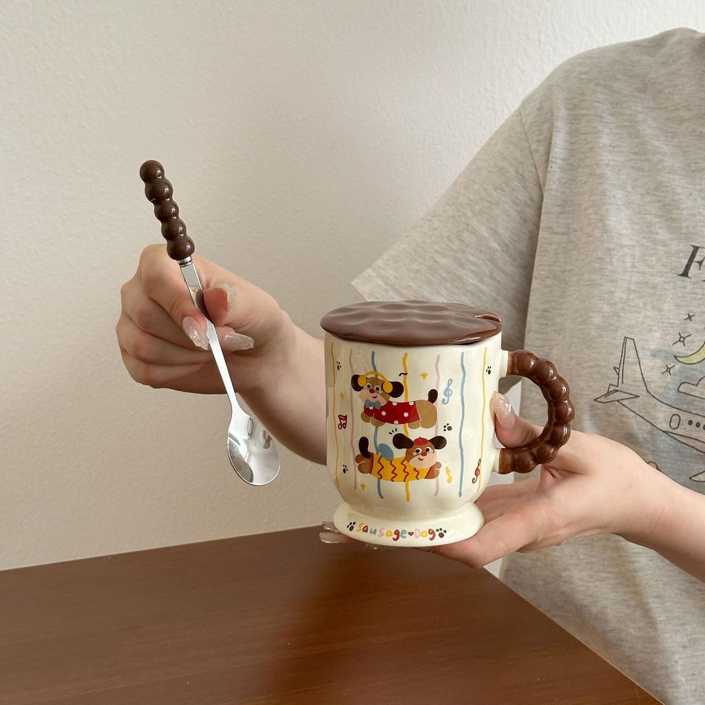 Cute Dachshund Dog Goblet Household Drinking Water Mug with Lid Spoon Office Ceramic Breakfast Coffee Milk Cup