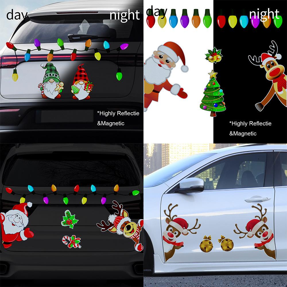 1Set Magnetic Car Reflective Christmas Stickers Cute Reindeer Santa Pattern Decor Decal Reusable Christmas Festive Car Ornament