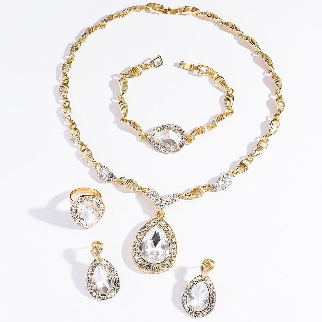 2026 Exaggerated Water Drop Gemstone Collarbone Chain Alloy Gold-plated Four-piece Bridal Banquet Jewelry