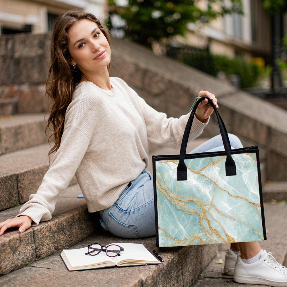 Elegant Cyan Gold Vein Tote Bag for Daily Shopping Commute Portable Stylish Carryall Bag