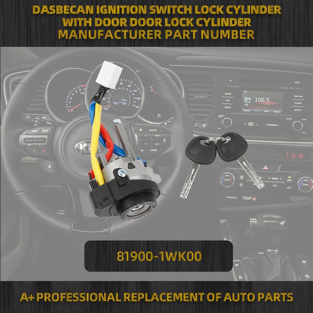 Dasbecan Ignition Lock Cylinder Switch with Keys Compatible with Kia Optima 2011 2012 2013 2014 2015 Rio 2013 2014 2015 2016 2017 Replace 81900-1WK00
