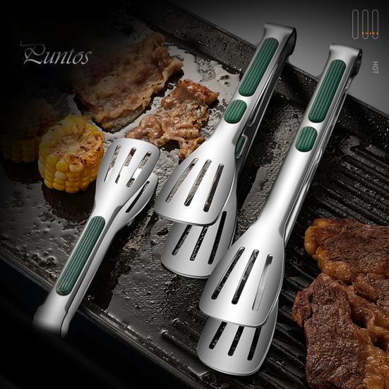 Meat Tong Non-Slip Silicone Handle Food Tongs Hollowed Draining Serving Barbecue BBQ Clip Grill Bread Clamp Stainless Steel Kitchen Accessories