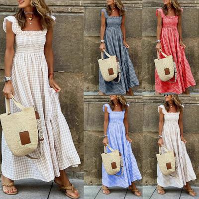 Plus Size Elegant Plaid Slip Maxi Long Dress Summer Women Ruffle Backless Pleated Elastic Waist Boho Party Swing Loose Dresses