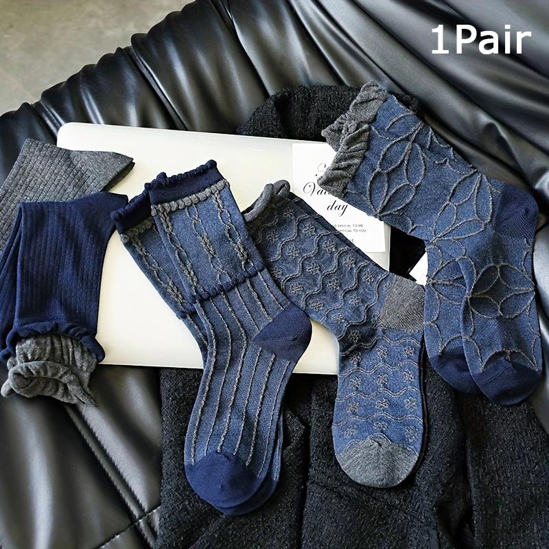 1PC Navy Blue Timeless Seamless Well-Made Versatile Comfortable Vintage Soft Mid-Calf Elegant Socks Seam-Free