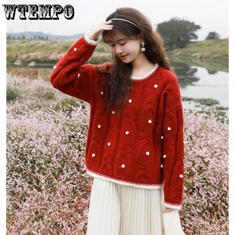 WTEMPO Damen Langarm Weihnachts-Pullover Punkt Weich Koreanische Mode Rundhals Pullover Herbst Winter Strickware