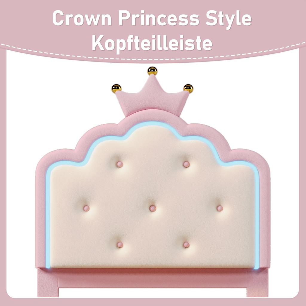 Łóżko dziecięce Flieks 90x200 cm z zagłówkiem w kształcie księżniczki, Różowe