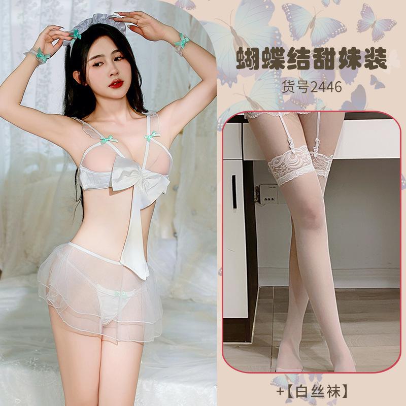 Sexy Lingerie Sexy Sweet Hollowed-out Perspective Seduction Maid Outfit Lace-up Bow Character Uniform Suit Pure Lust