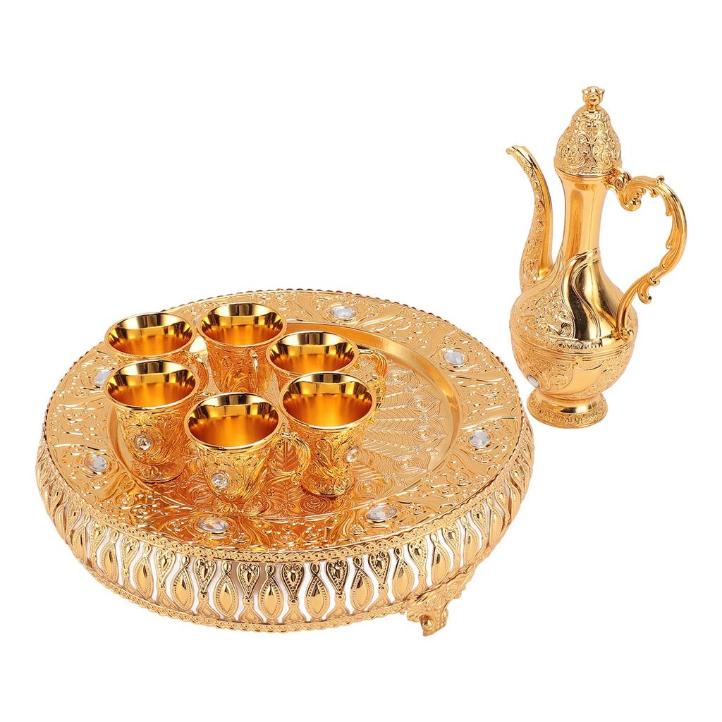 Vintage Wine Pot Set European Retro Coffee Pot Tray Kit Decorative Zinc Alloy Exquisite Carving Wine Cups for Home Party Dinner