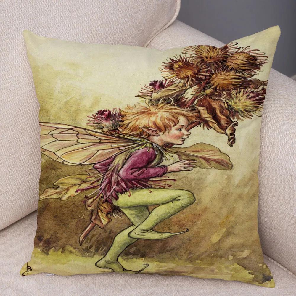 Vintage Cartoon Elfen Kissenbezug Dekor Bunte Märchenwelt Kissenbezug Plüsch Blumenmädchen Kissenbezug für Sofa Zuhause