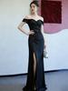 Rochie lungă elegantă neagră, cu umerii goi, pentru banchet sau spectacol