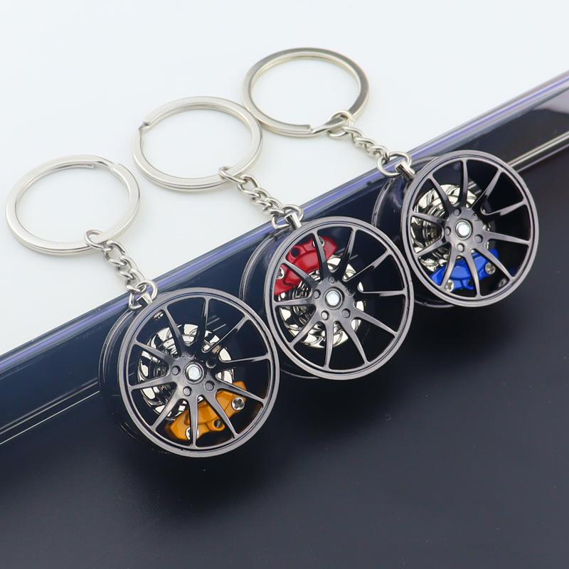 Metal Wheel Hub Keychain with Red Brake and Laser Engraving - Creative Gift