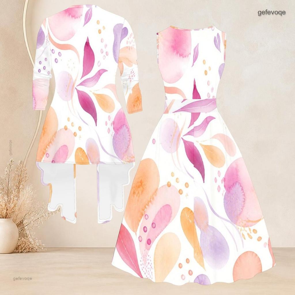 Women Plus Size Printed Two Piece Set Sleeveless Tie Waist Flared Dress 3 4 Sleeve Open Cardigan
