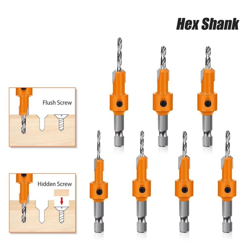 

AD23-7Pcs Hexagonal Shank Woodworking Countersunk Heads Drill, Screw Hole Double-Edged Drilling Countersunk-Head Drill оранжевый