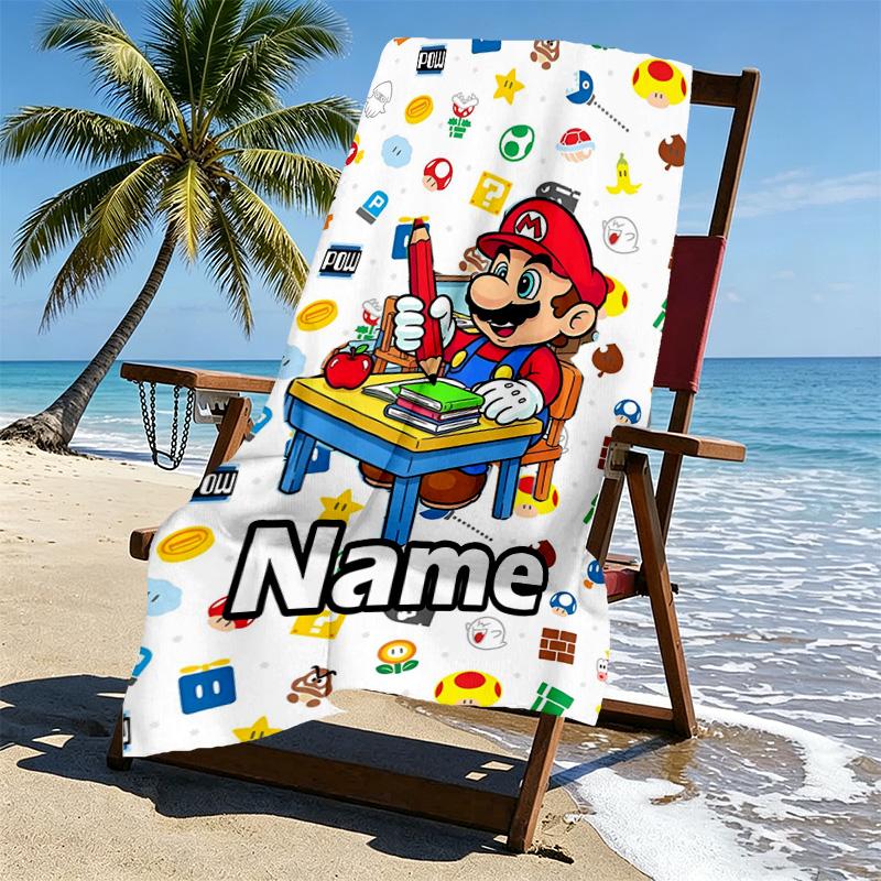 Custom Name Personalized Super Mario Print Beach Towel, for Trip Camping Beach Party Home Decor, Birthday Gift for Family & Friends