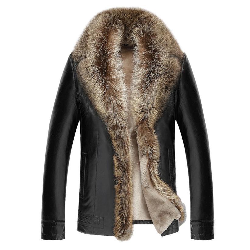 

Мужская зимняя верхняя одежда с меховым воротником из енотовидной собаки, мужские тонкие утепленные куртки средней длины, однотонная теплая кожаная одежда L чёрный
