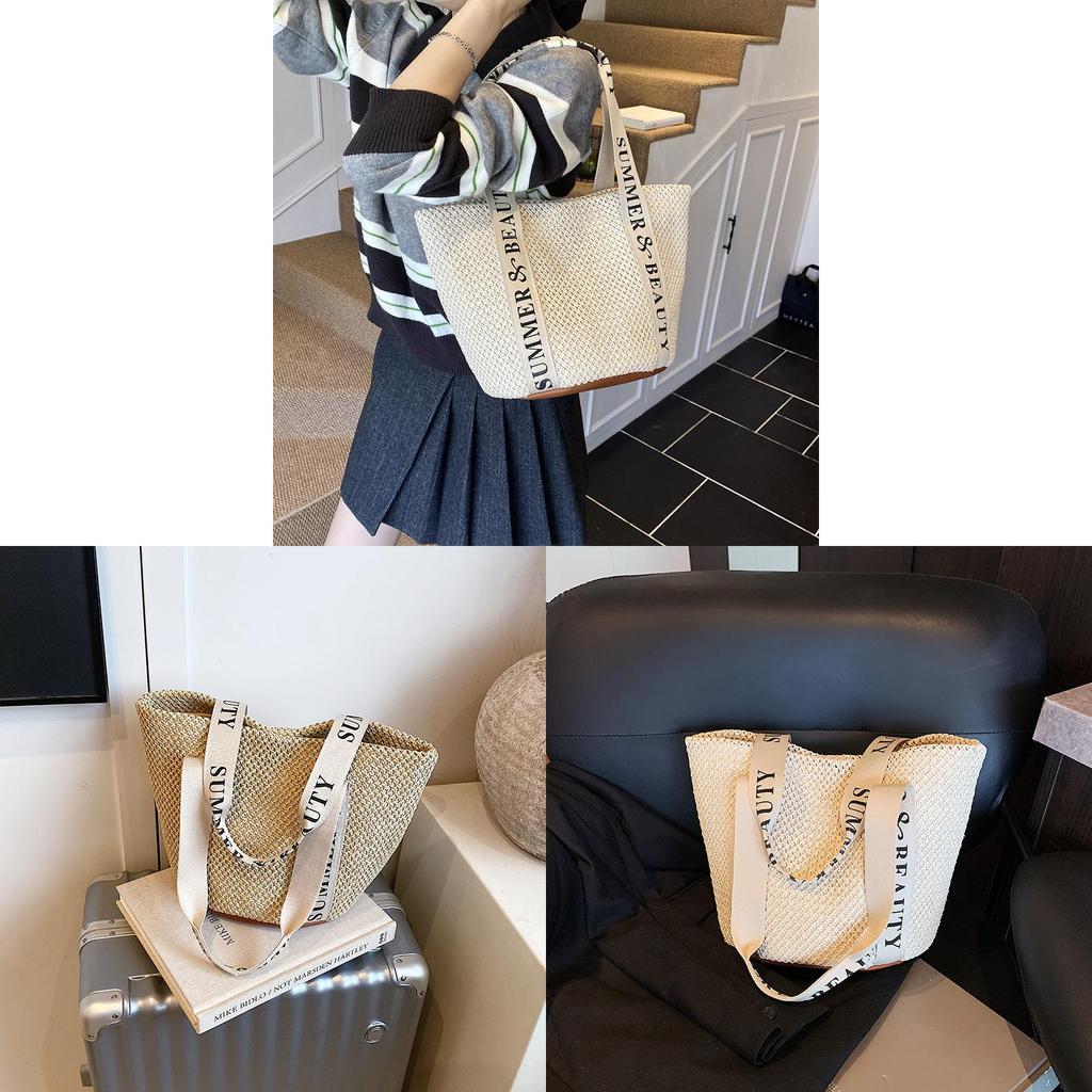Woven Straw Shoulder Bag With Zipper Closure For Beach And Holiday Use
