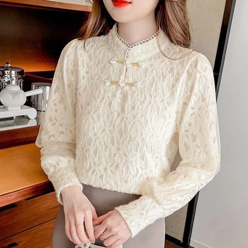 Women's Autumn/Winter Slim Fit Lace Stand Collar Shirt with Velvet Tummy Covering Top