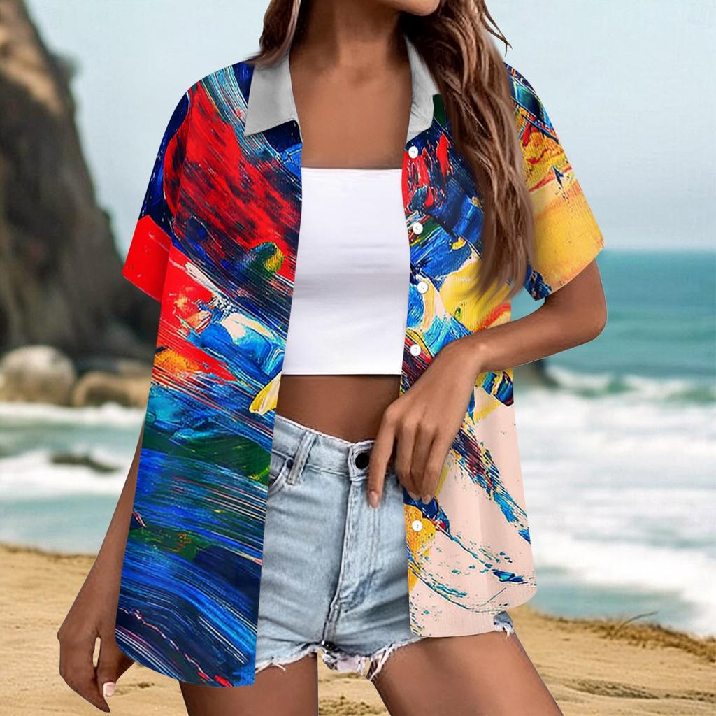 Women’s Casual Short Sleeve Button Down Shirt Summer Lightweight Beach Texture Print Relaxed Fit Top for Outdoor Activities