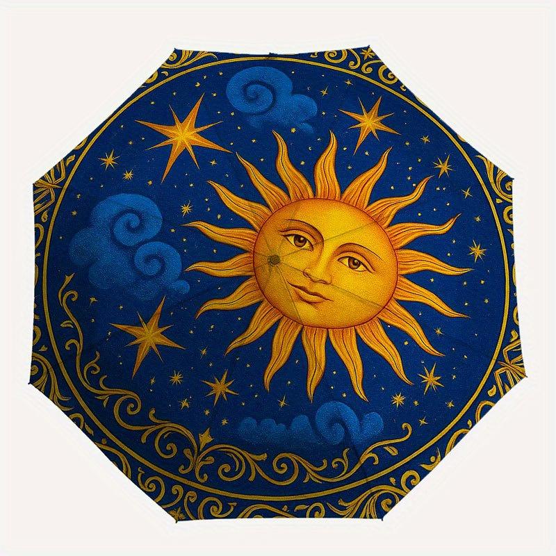 Golden Sun and Stars Circular Wall Art Decor Umbrella, Portable 3-Fold Compact Umbrella for Men & Women R133