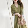 Imitation Bamboo Dress Summer V Neck Short Sleeve Waist Cinched Shoulder Dropped Dress for Women