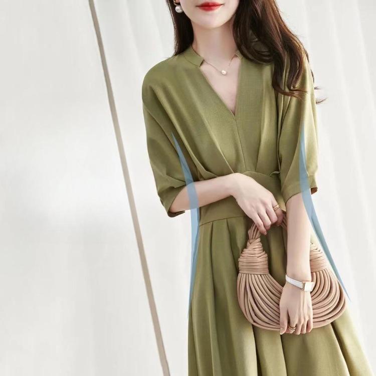 Imitation Bamboo Dress Summer V Neck Short Sleeve Waist Cinched Shoulder Dropped Dress for Women